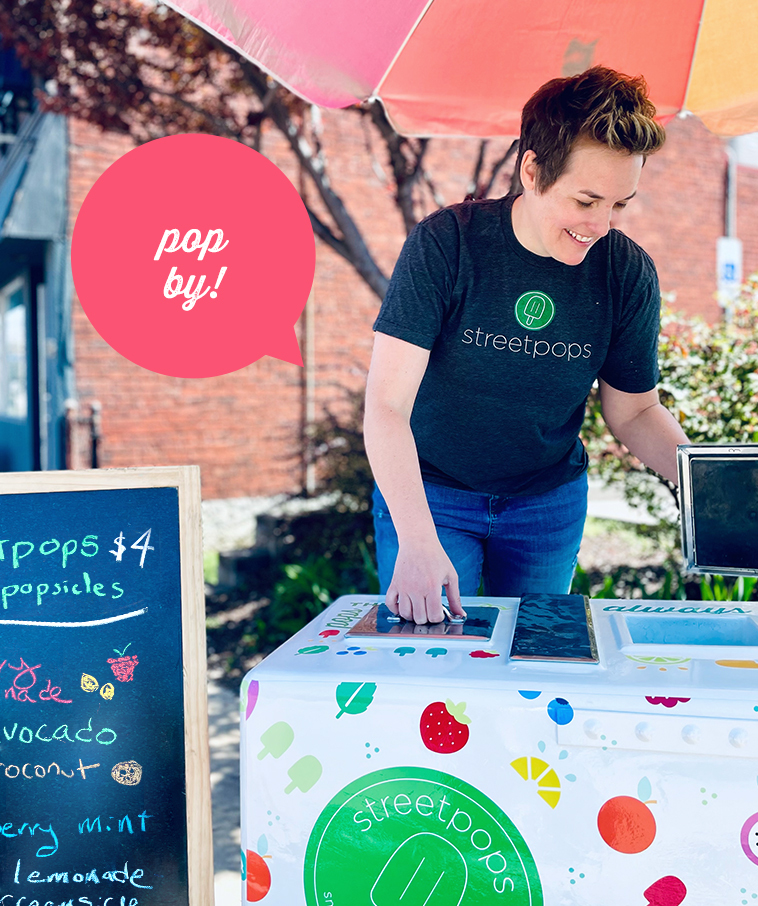 streetpops owner behind our colorful pushcarts – pop by a Cincinnati summer events for our local ice pops