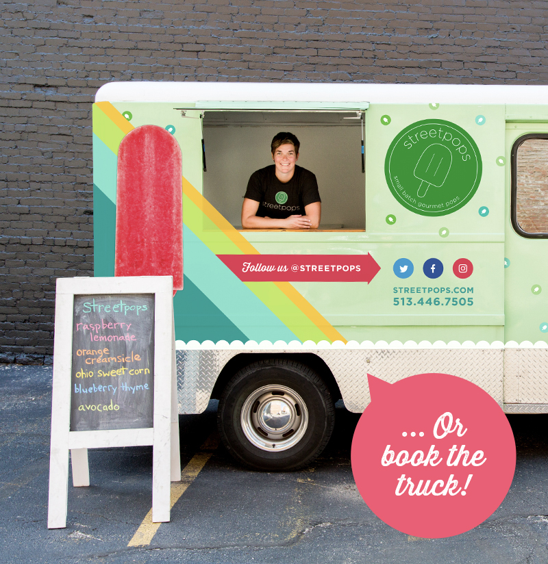 streetpops owner in colorful ice pops truck – book our streetpops truck or pushcart for parties.